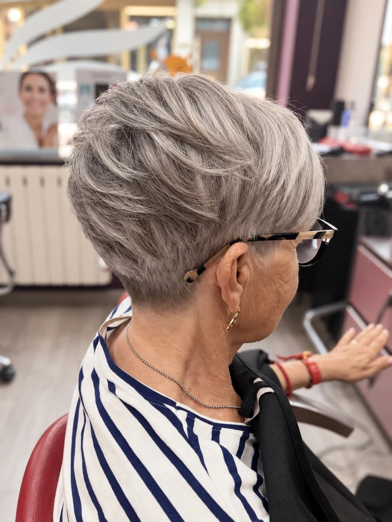 Corte mujer corto estilo pixie gris plata