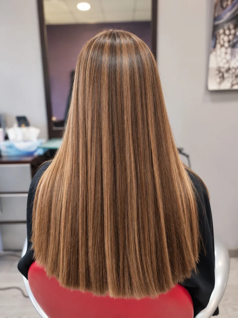 Resultado: acabado luminoso de mechas en cabello largo